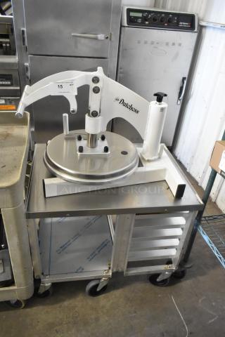 Dutchess DoughXpress DMS-18 NH commercial dough press on metal pan rack with casters, excellent condition.