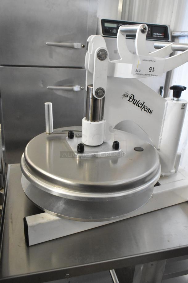 Dutchess DoughXpress DMS-18 NH dough press on metal pan rack with commercial casters. Sturdy metal, excellent condition.