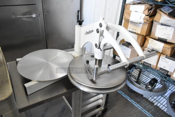 Dutchess DoughXpress DMS-18 NH metal dough press on rack with casters, excellent condition, branded logo visible.