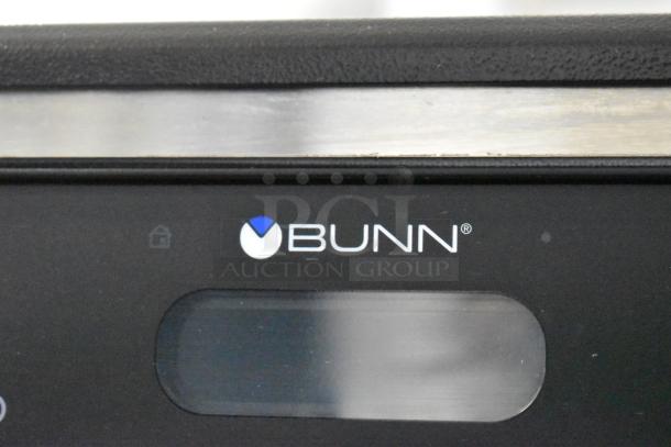 2023 Bunn ICB TWIN SH stainless steel commercial coffee maker, dual brewer with hot water dispenser, model label shown.
