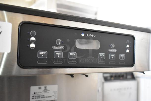 2023 Bunn ICB TWIN SH stainless steel commercial coffee machine with hot water dispenser, visible control panel, and labels.
