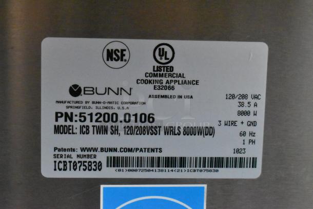Label for Bunn ICB TWIN SH commercial coffee machine, showing model details, 120/208 volts, and NSF/UL certifications.