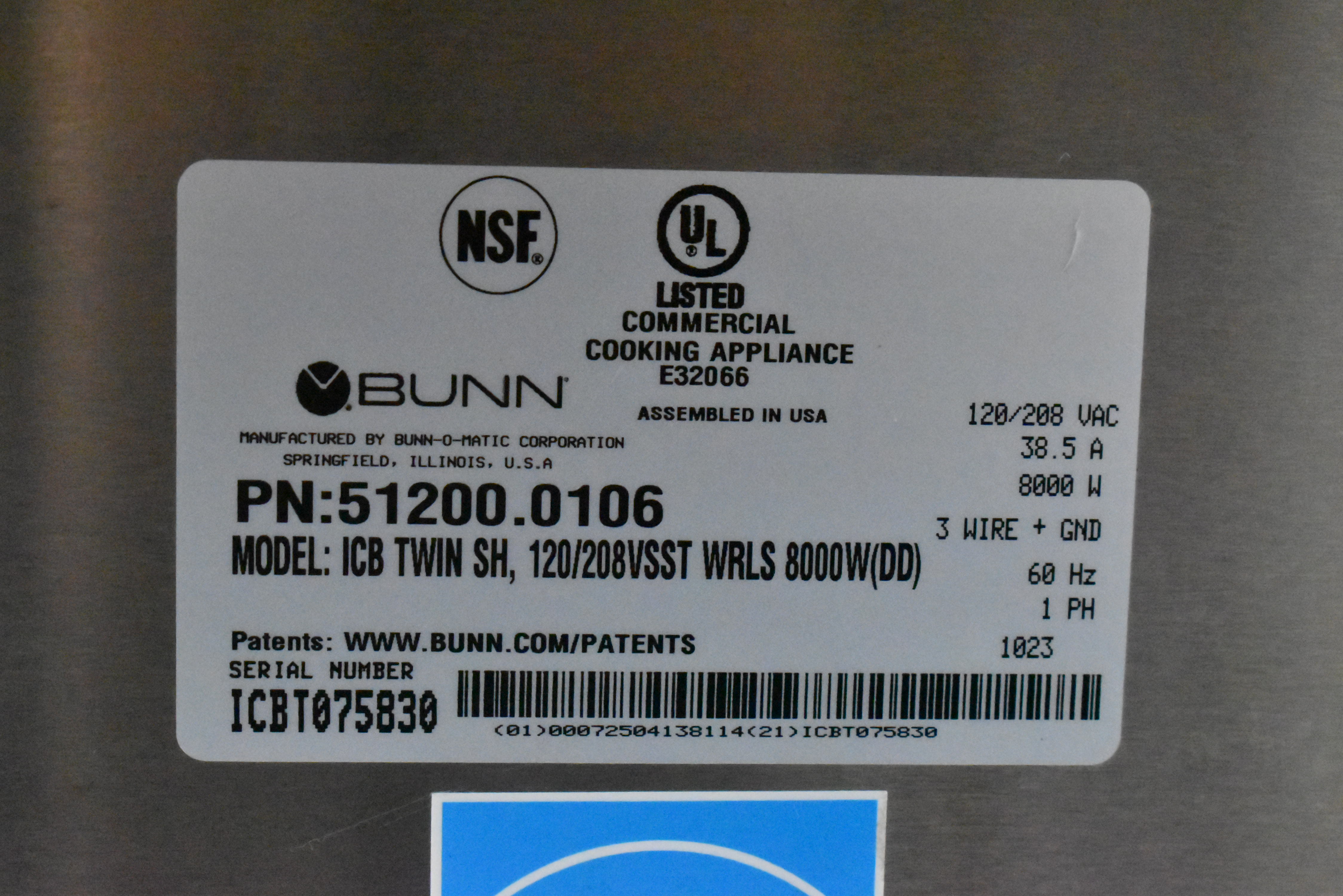 Bunn model identification plate showing specifications