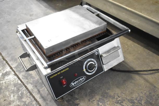 Superior SPGM1 Stainless Steel Commercial Panini Press, 120V, 1 Phase, clean surface, visible control dial, and on/off switch.