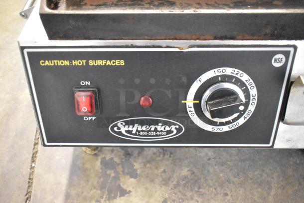 Superior SPGM1 stainless steel commercial panini press; 120 volts, 1 phase; visible controls and caution label.