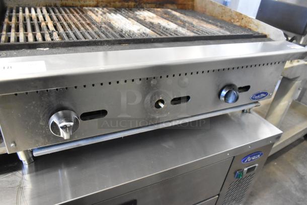 Cook Rite Stainless Steel Charbroiler, countertop, natural gas, commercial use, dual knobs, visible signs of wear.