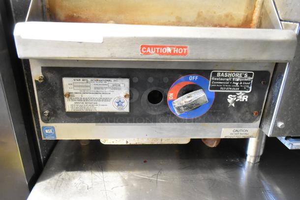 Star 615-MP Stainless Steel Griddle, gas-powered, 20,000 BTU, control panel with caution label, used condition.