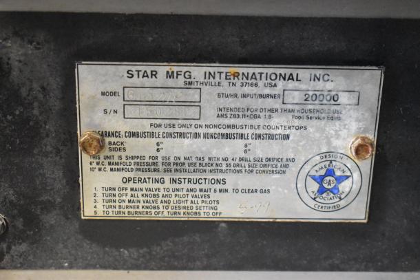 Star 615-MP griddle label, 20,000 BTU, stainless steel, for noncombustible countertops; shows model and instructions.