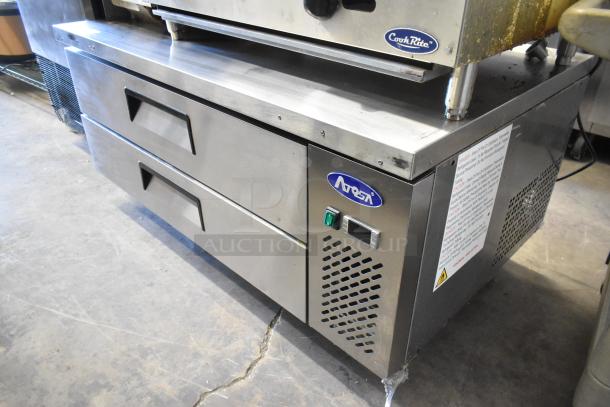 2018 Atosa MGF8451GR stainless steel commercial 2-drawer chef base, 115 volts, 1 phase, on casters, with Atosa logo.