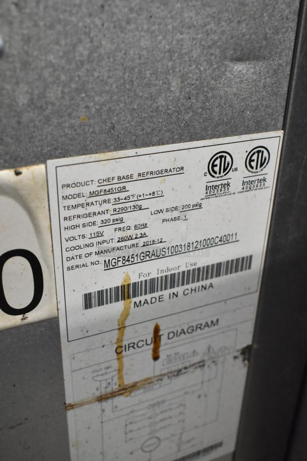 2018 Atosa MGF8451GR commercial chef base label; details voltage, refrigerant, made in China, ETL certified.