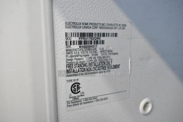 Frigidaire FFRU17B2QWE cooler label showing specs: 115 volts, 5.0 amps, Type R17F, assembled in USA.