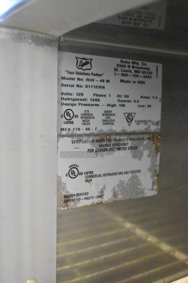 Duke RUF-48M Stainless Steel Undercounter Cooler, 2 Door, 120V, 1 Phase, model label showing specifications and certifications.