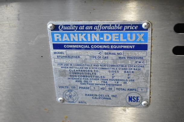 Rankin-Delux RD-80-24 commercial griddle, stainless steel, 32,000 BTU, natural gas, NSF certified label, serial 131105.