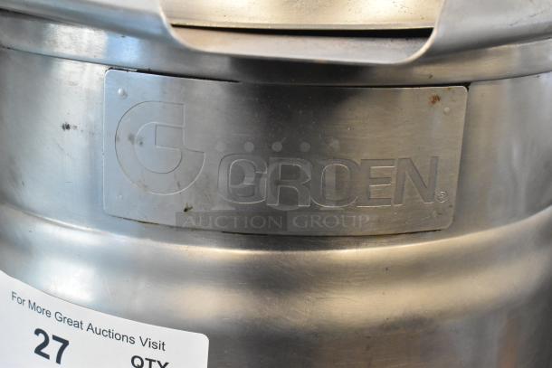 Groen stainless steel commercial electric tilting steam kettle, countertop model, visible logo, in used condition.