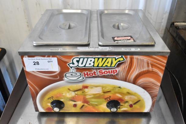 Duke CSW-2-T-AM stainless steel 2-well food warmer. Subway branding, 120V, with temperature controls.