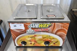Duke CSW-2-T-AM stainless steel 2-well food warmer. Subway branding, 120V, with temperature controls.
