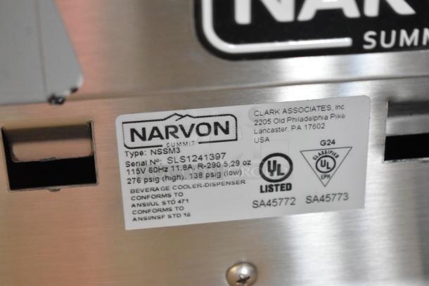 Narvon NSSM3 Summit stainless steel granita machine label. Shows 115V power details, UL listing, and serial number SLS1241397.