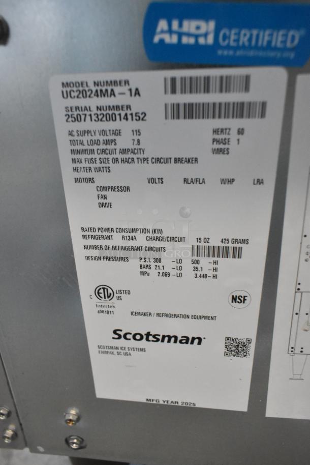 Label of a new 2025 Scotsman UC2024MA-1A ice machine, 227 lb capacity, 115 volts, 1 phase. AHRI certified, ETL and NSF listed.