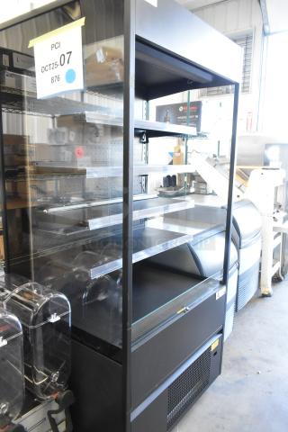 Brand new Avantco 193VOA36B black vertical open air merchandiser with LED lighting, commercial casters, 115V, 1 phase.