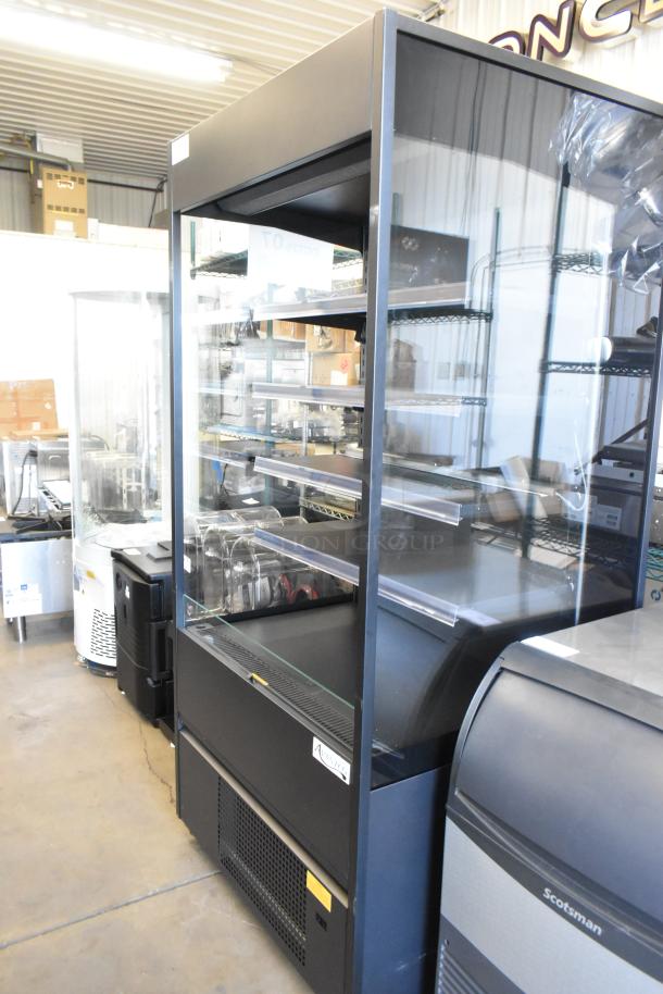Brand new Avantco 193VOA36B black vertical open air merchandiser with LED lighting, commercial casters, 115V, 1 phase.