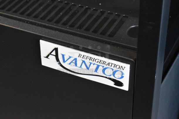 Avantco 193VOA36B black vertical open air merchandiser, new scratch and dent, with LED lighting and commercial casters.
