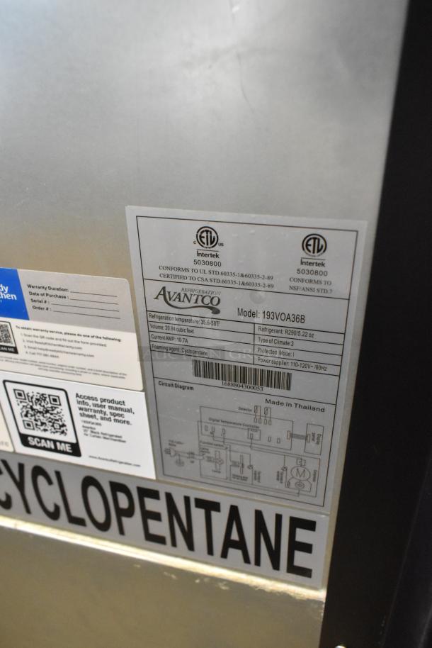 BRAND NEW Avantco 193VOA36B Black Vertical Merchandiser, LED-lit, on casters. 115V, 1 Phase. ETL-certified, Cyclopentane foam.