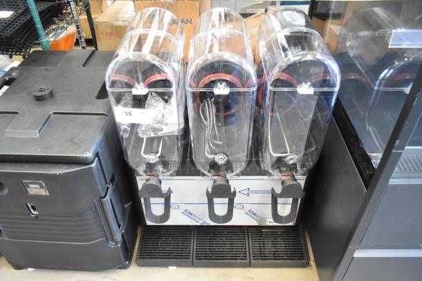 Brand new Narvon 378RBD5G3 stainless steel triple 5-gallon beverage dispenser, 115V, scratch and dent condition, tags visible.