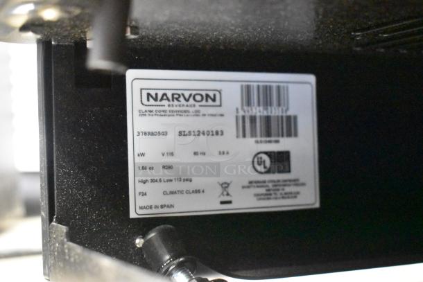 Stainless steel Narvon 378RBD5G3 beverage dispenser label showing model, voltage, and UL certification. Made in Spain.