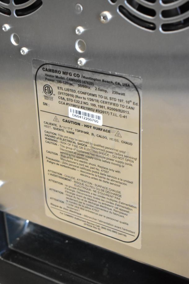 Brand new Cambro CAM6000 gray heated holding case. Features scratch and dent. 120V, 1 phase. ETL listed label visible.
