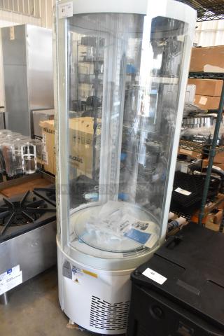 Brand new Avantco 193BCR15HCW circular glass refrigerated display case, scratch and dent, 115V, 1 Phase, metal, white.