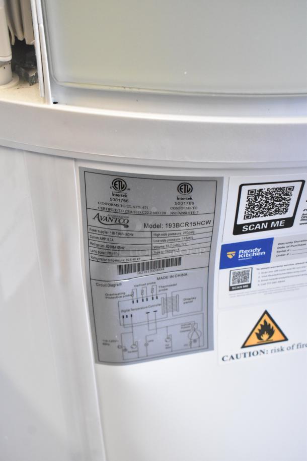 Alt text: Avantco 193BCR15HCW metal commercial white glass refrigerated display case with visible circuit diagram and labels.
