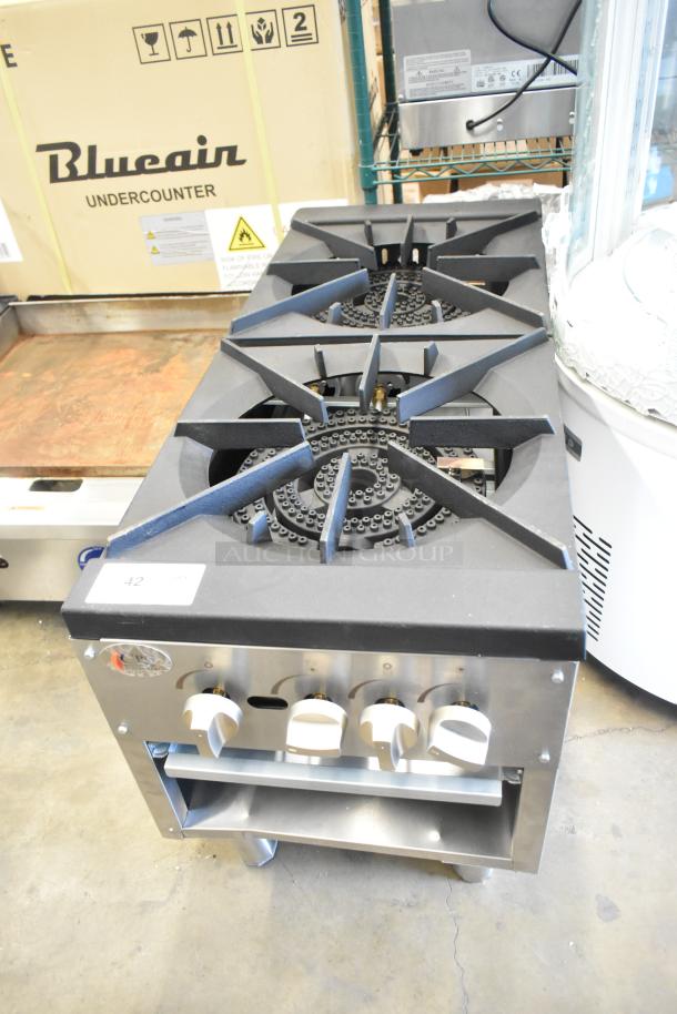 BRAND NEW Cooking Performance Group 351CPGDSPRN stainless steel 2-burner stock pot range, 160,000 BTU, natural gas.