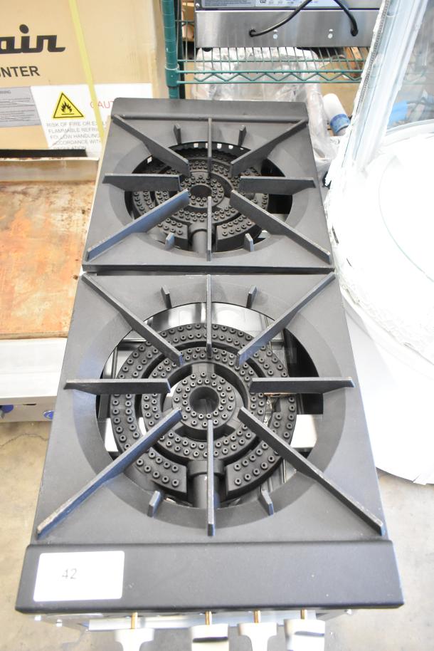 BRAND NEW Cooking Performance Group 351CPGDSPRN stainless steel 2 burner stock pot range, natural gas, 160,000 BTU.