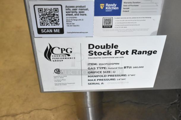BRAND NEW Cooking Performance Group 351CPGDSPRN stainless steel 2-burner stock pot range, 160,000 BTU, natural gas, commercial use.