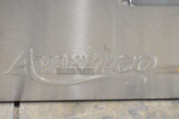 2024 Avantco 177STE3S stainless steel steam table, showing logo detail. Brand new condition with scratch and dent.