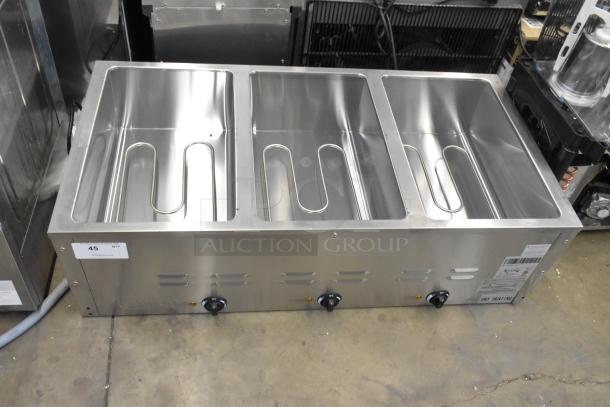 BRAND NEW 2024 Avantco 177STE3S Stainless Steel Electric Steam Table, three-pan, open well, 120V, 1 phase, controls visible.