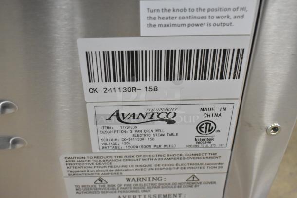 Brand new Avantco 177STE3S stainless steel steam table, 3 pan open well, scratch and dent, 120V, 1 phase, 2024 model.