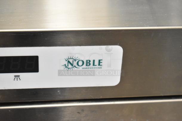 Stainless steel Noble 495HTGW22 commercial glass washer, featuring digital display, brand logo, slight scratches. Brand new.