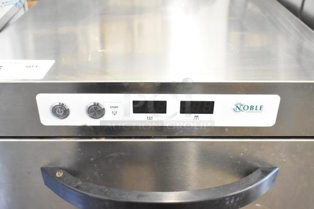 Noble 495HTGW22 stainless steel glass washer, new with minor scratches, digital controls visible, logo on front panel.