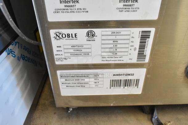 Brand new Noble 495HTGW22 stainless steel underbar glass washer. 208-240V, 1 Phase, model label visible, minor scratches.