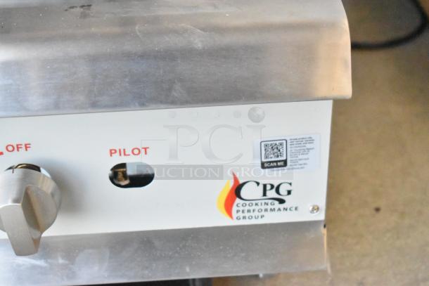 BRAND NEW 2025 Cooking Performance Group 351CRCPG24NL stainless steel 24" gas charbroiler, 80,000 BTU, with visible control panel.