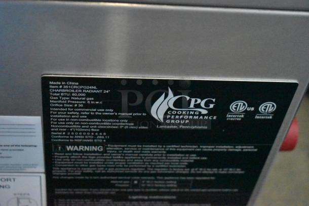 BRAND NEW Cooking Performance Group 351CRCPG24NL 24" Stainless Steel Natural Gas Charbroiler, 80,000 BTU, commercial use.