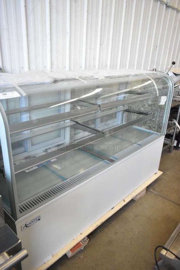 Avantco 193BC72HCW 72" curved glass white refrigerated bakery display case, brand new with broken glass. 120 Volts, 1 Phase.