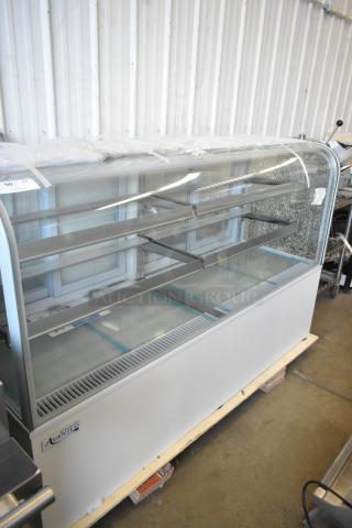 Avantco 193BC72HCW 72" curved glass white refrigerated bakery display case, brand new with broken glass. 120 Volts, 1 Phase.