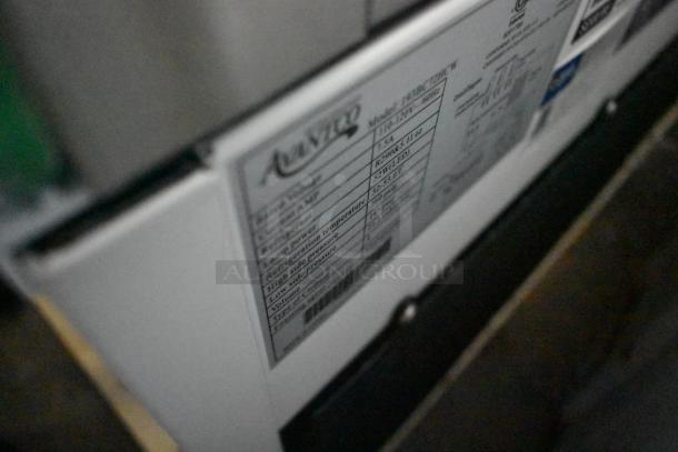 Avantco 193BC72HCW label detail on a refrigerated bakery display case, indicating electrical specs and features.