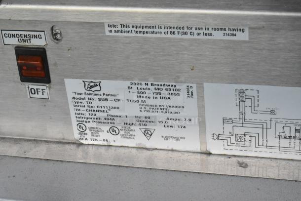Duke stainless steel commercial prep line with lowering sneeze guard, 120V, Model SUB-CP-TC60M, UL-rated, made in USA.
