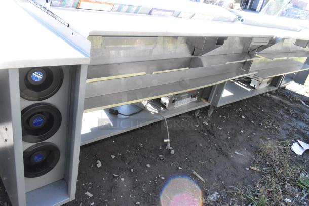 Duke stainless steel commercial subway sandwich prep line with lowering sneeze guard, 120V, 1 phase, visible fan components.