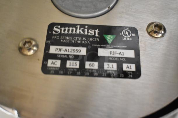 Sunkist PJF-A12959 Black Pro Series Citrus Juicer label showing model and UL listing. 115 Volts, 1 Phase.