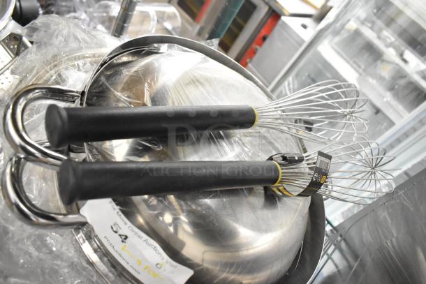 9 brand new scratch and dent items include two black-handled metal whisks and metal pots with handles.