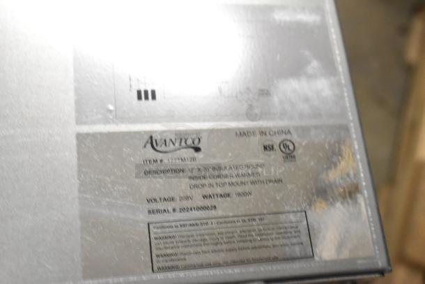 Brand new 2024 Avantco 177TM12B hot food well, scratch and dent condition, with label showing model and 208V, 1600W specs.
